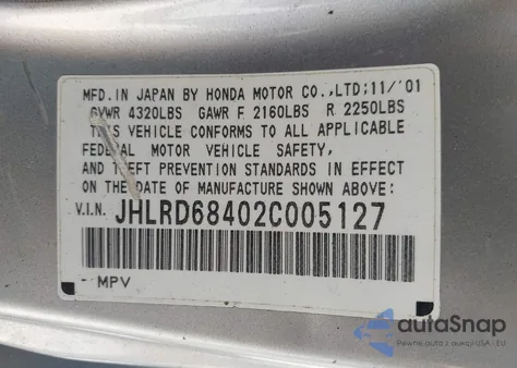 2002 Honda Cr-V Lx z USA, uszkodzony, nr VIN JHLRD68402C005127